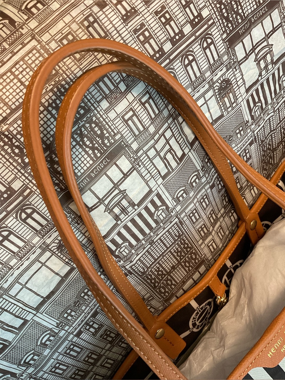 Henri Bendel Mink and Silver Premium Stripe Tote with  Chestnut Saffiano Trim - Picture 5 of 16